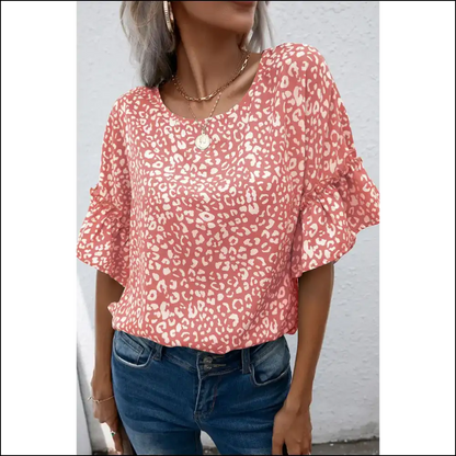 Pink Leopard Print Flounce Sleeve Blouse: Purr-fectly Wild! 🐆 Needful Things - s - Blouses on Sale Worldwide Shipping