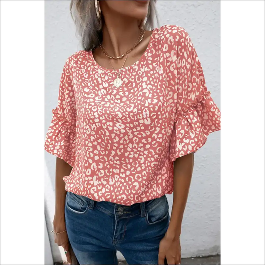 Pink Leopard Print Flounce Sleeve Blouse: Purr-fectly Wild! 🐆 Needful Things - s - Blouses on Sale Worldwide Shipping