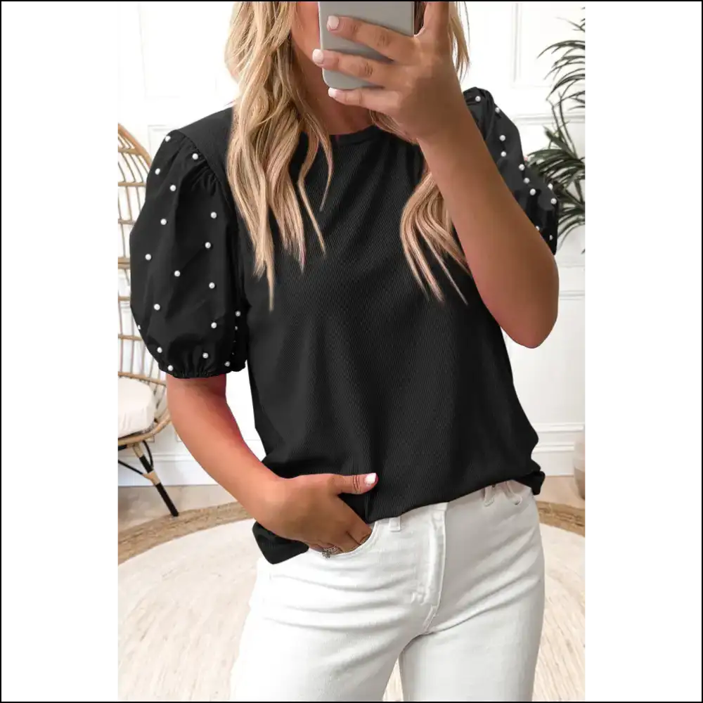 Pink Pearl Beaded Puff Sleeve you Need - Black / s - Blouses on Sale Worldwide Shipping