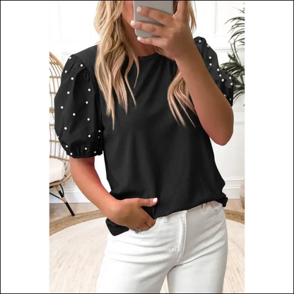 Pink Pearl Beaded Puff Sleeve you Need - Black / s - Blouses on Sale Worldwide Shipping