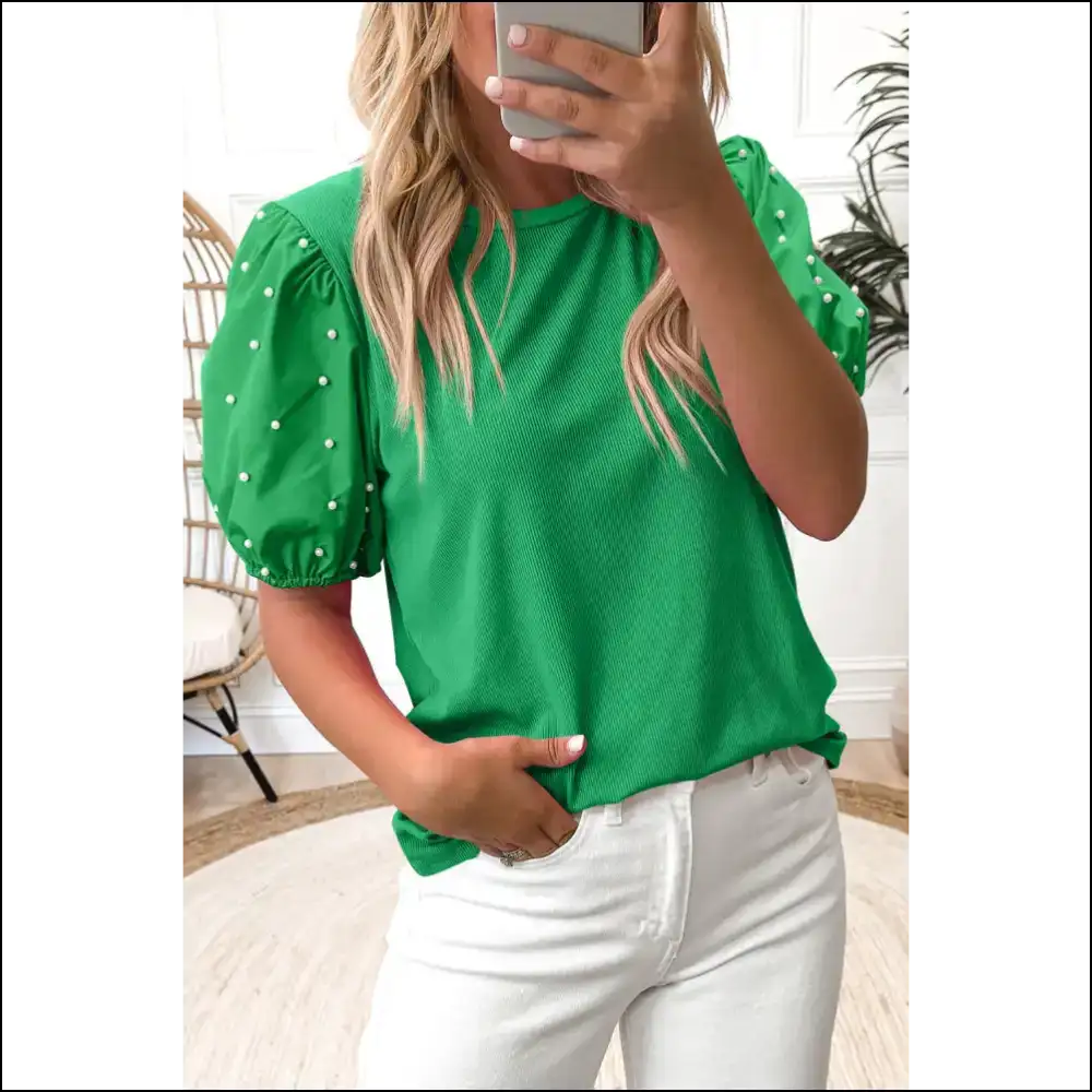 Pink Pearl Beaded Puff Sleeve you Need - Bright Green / s - Blouses on Sale Worldwide Shipping