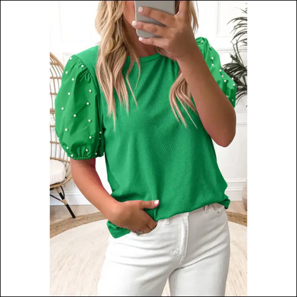 Pink Pearl Beaded Puff Sleeve you Need - Bright Green / s - Blouses on Sale Worldwide Shipping