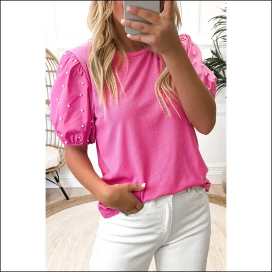 Pink Pearl Beaded Puff Sleeve you Need - Bright / s - Blouses on Sale Worldwide Shipping
