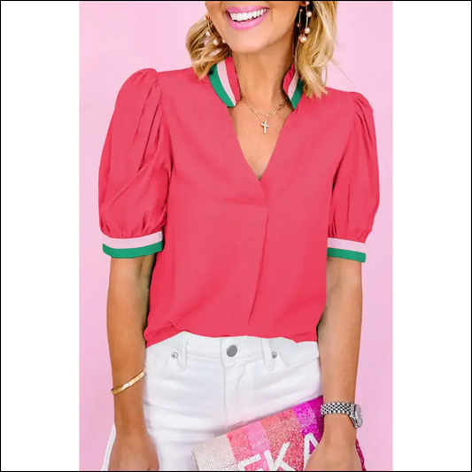 Pink Stripe Puff Sleeve Blouse Queen Vibes - Bright / s - Blouses on Sale Worldwide Shipping