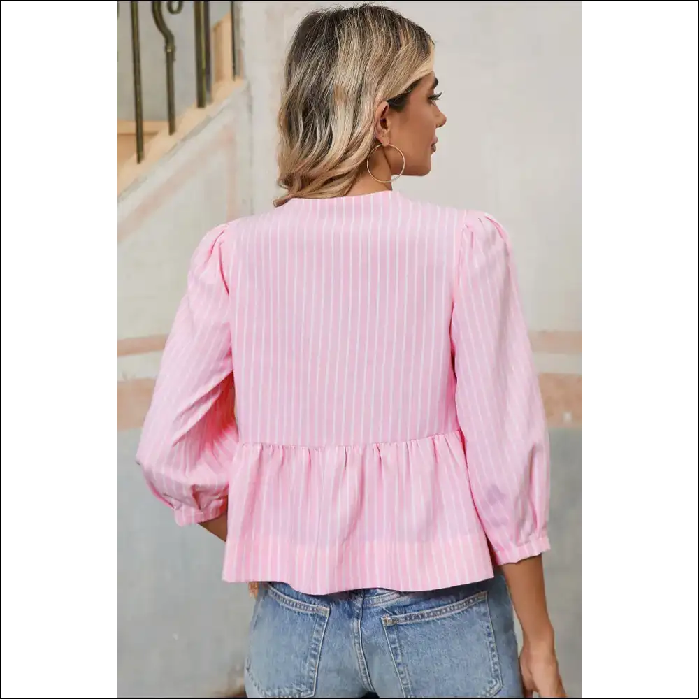 Pink Striped Bow Tie Blouse: from Basic to Boujee 🎀 - Blouses on Sale Worldwide Shipping