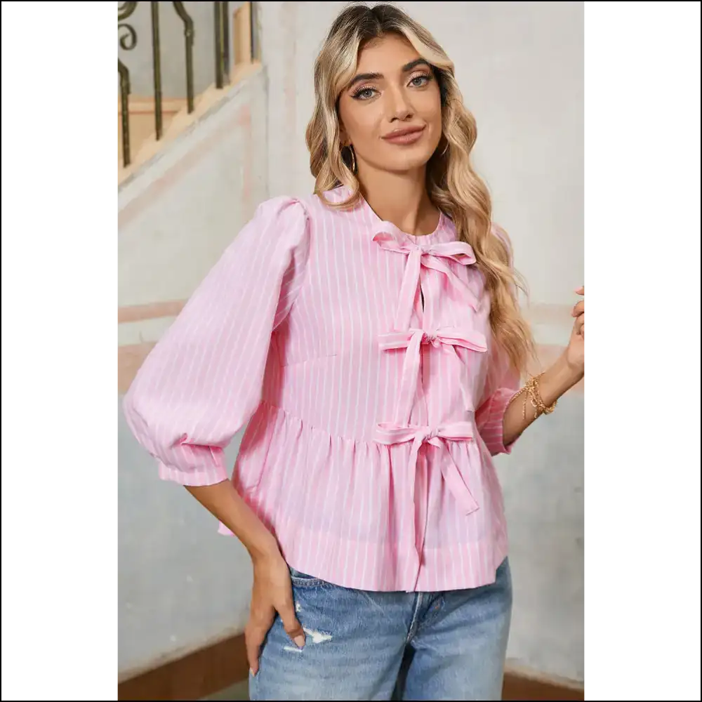 Pink Striped Bow Tie Blouse: from Basic to Boujee 🎀 - Blouses on Sale Worldwide Shipping