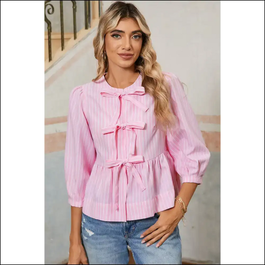 Pink Striped Bow Tie Blouse: from Basic to Boujee 🎀 - Stripe / s - Blouses on Sale Worldwide Shipping