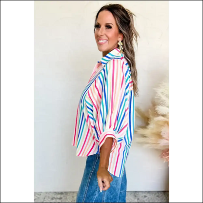 Pink Striped Button-up Shirt your Cute Confirmed - Blouses on Sale Worldwide Shipping