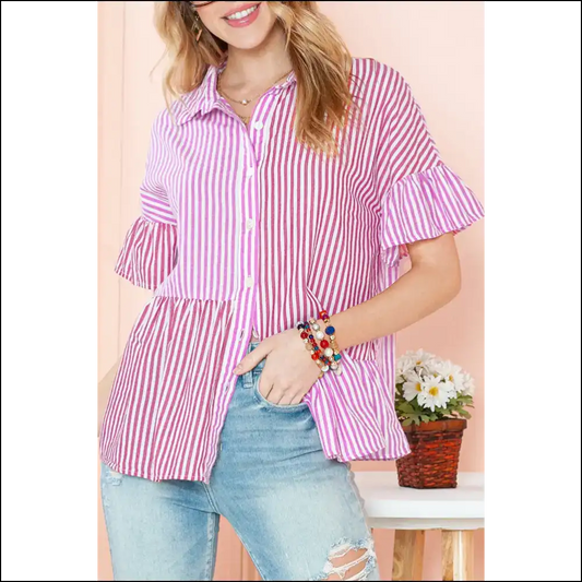 Pink Striped Patchwork Ruffle: Prepare for Compliments! - s - Blouses on Sale Worldwide Shipping