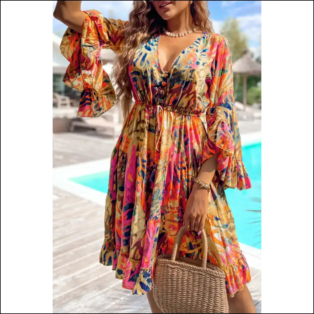 Pink Tropical Print Dress: Flared & Ready to Ruffle Some Feathers! 🦩 Needful Things - s - Midi Dresses on Sale Worldwide Shipping