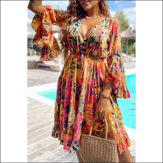 Pink Tropical Print Dress: Flared & Ready to Ruffle Some Feathers! 🦩 Needful Things - s - Midi Dresses on Sale Worldwide Shipping