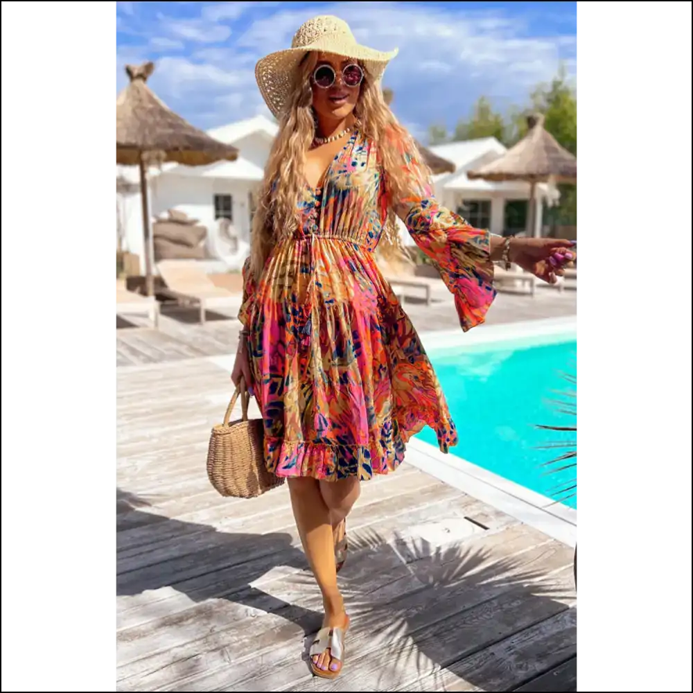 Pink Tropical Print Dress: Flared & Ready to Ruffle Some Feathers! 🦩 Needful Things - Midi Dresses on Sale Worldwide Shipping