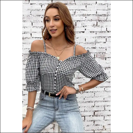 Plaid Buttoned Sweetheart Neck Cold-shoulder Top - Stripe / s - Blouses on Sale Worldwide Shipping