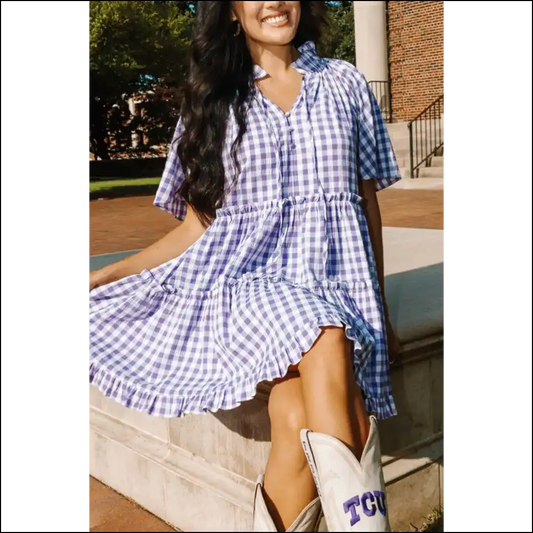 Plaid Frill Tiered Mini Dress: Dangerously Cute Needful Things - Lavendula / s - Short Dresses on Sale Worldwide Shipping