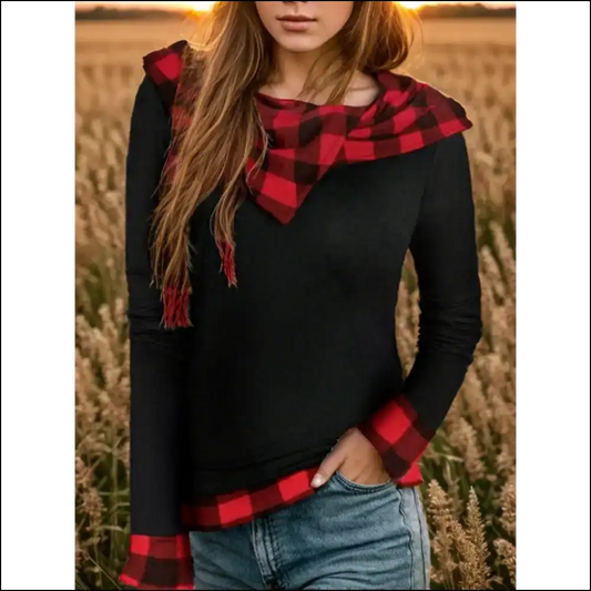 Plaid Long Sleeve Hooded Blouse - Black / l - Blouses on Sale Worldwide Shipping