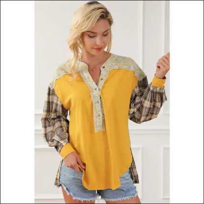 Plaid Notched Neck Slit Blouse - Chic & Trendy - Yellow / s - Blouses on Sale Worldwide Shipping
