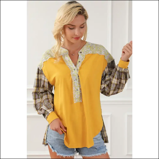 Plaid Notched Neck Slit Blouse - Chic & Trendy - Yellow / s - Blouses on Sale Worldwide Shipping