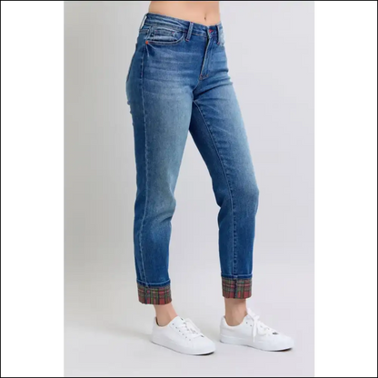 Plaid Print Cuff Jeans: for when your Legs Want to Join the Party! 🎉👖 - Jeans on Sale Worldwide Shipping