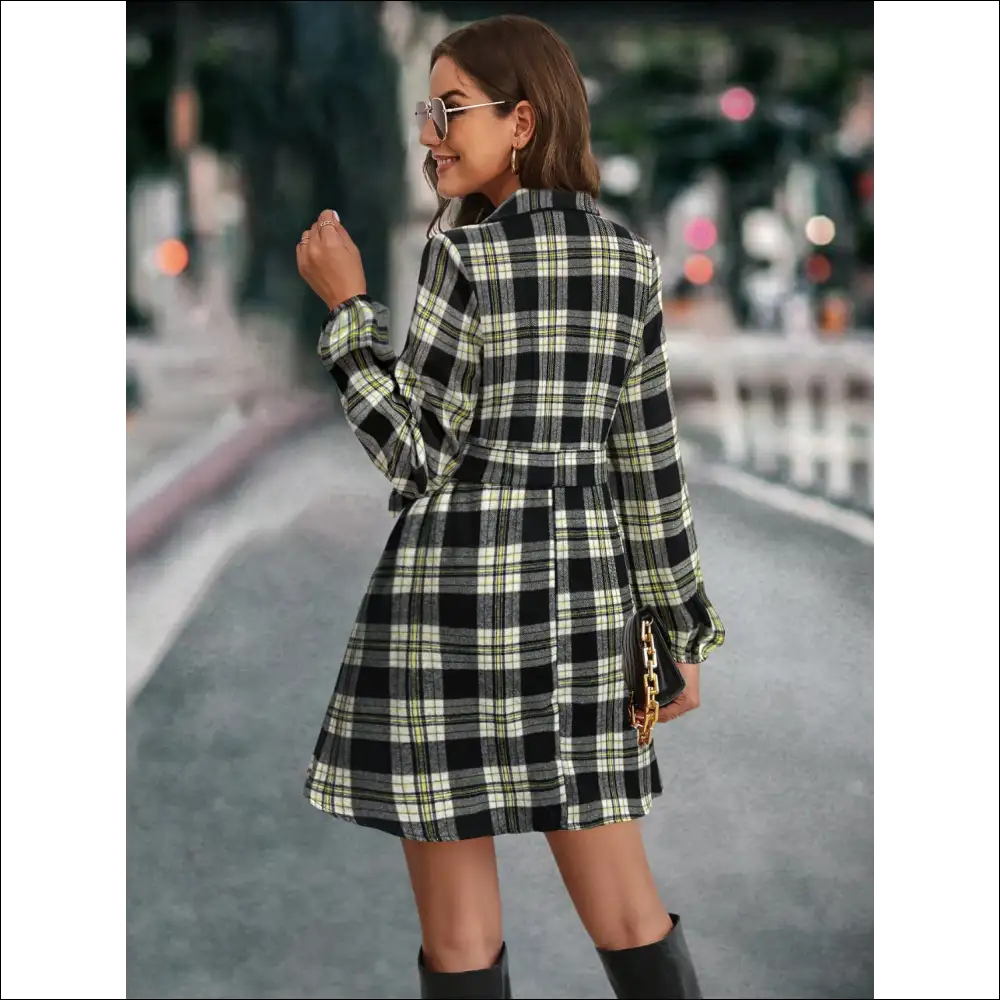 Chic Plaid Tie Front Long Sleeve Dress - Dresses on Sale Worldwide Shipping