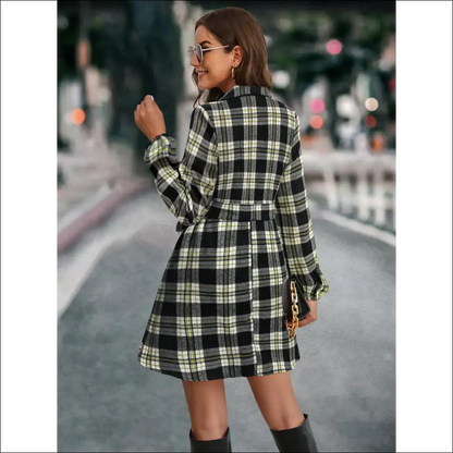 Chic Plaid Tie Front Long Sleeve Dress - Dresses on Sale Worldwide Shipping