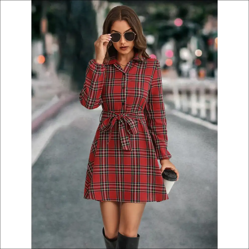 Chic Plaid Tie Front Long Sleeve Dress - Dresses on Sale Worldwide Shipping
