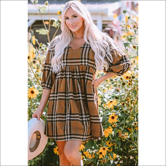 Plaid V-neck Balloon Sleeve Dress - Caramel / s - Dresses on Sale Worldwide Shipping