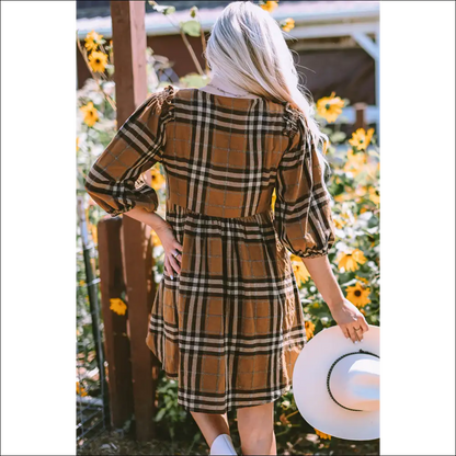 Plaid V-neck Balloon Sleeve Dress - Dresses on Sale Worldwide Shipping