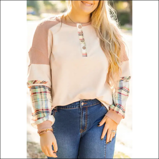 Plaid Wfle Henley: so Comfy Youll Forget your Size 😜 Needful Things - Parchment / 1x - Plus Tops on Sale Worldwide Shipping