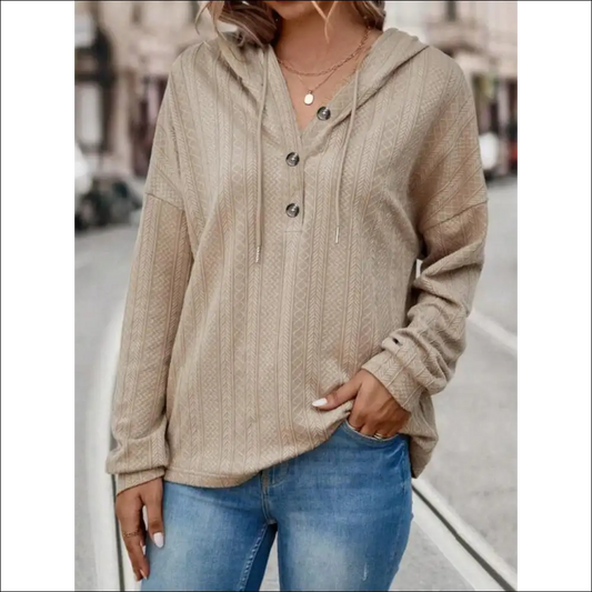 Playful Drawstring Dropped Shoulder Long Sleeve Hoodie - Khaki / s - Hoodies Sweatshirts & on Sale Worldwide Shipping