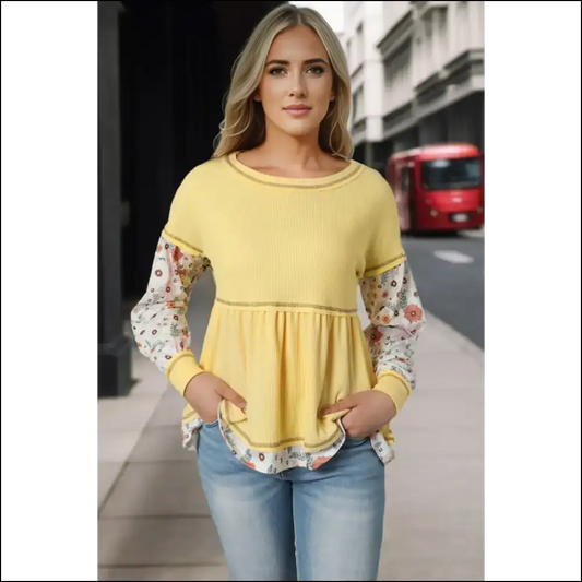 Playful Round Neck Long Sleeve Babydoll Blouse - Yellow / m - Blouses on Sale Worldwide Shipping