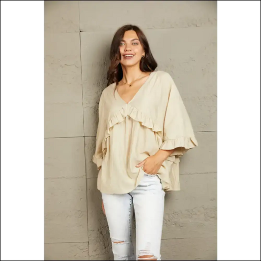 Playful Ruffled V-neck Half Sleeve Blouse - Beige / s - Blouses on Sale Worldwide Shipping