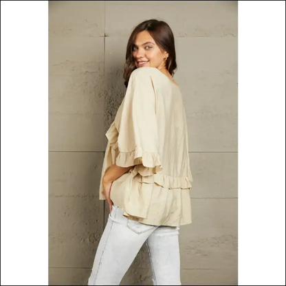 Playful Ruffled V-neck Half Sleeve Blouse - Blouses on Sale Worldwide Shipping