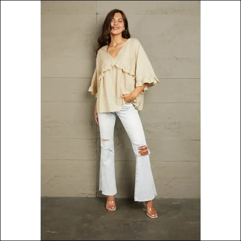 Playful Ruffled V-neck Half Sleeve Blouse - Blouses on Sale Worldwide Shipping