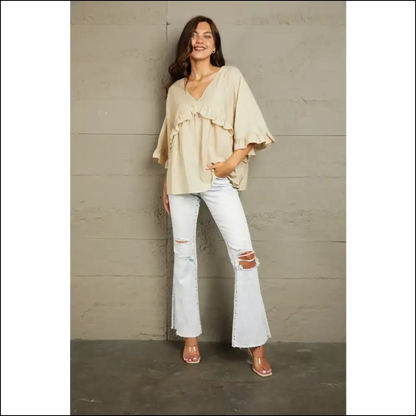 Playful Ruffled V-neck Half Sleeve Blouse - Blouses on Sale Worldwide Shipping