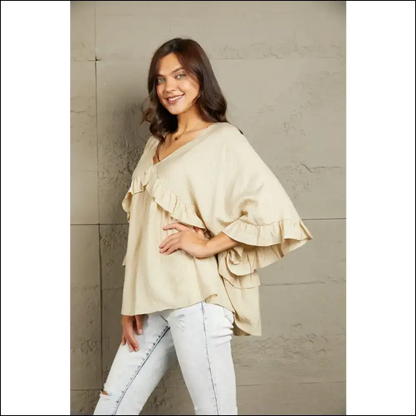 Playful Ruffled V-neck Half Sleeve Blouse - Blouses on Sale Worldwide Shipping