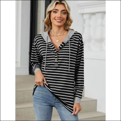 Playful Striped Drawstring Long Sleeve Hoodie - Black / s - Sweatshirts & Hoodies on Sale Worldwide Shipping