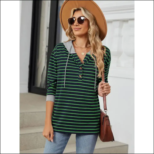 Playful Striped Drawstring Long Sleeve Hoodie - Dark Green / s - Sweatshirts & Hoodies on Sale Worldwide Shipping