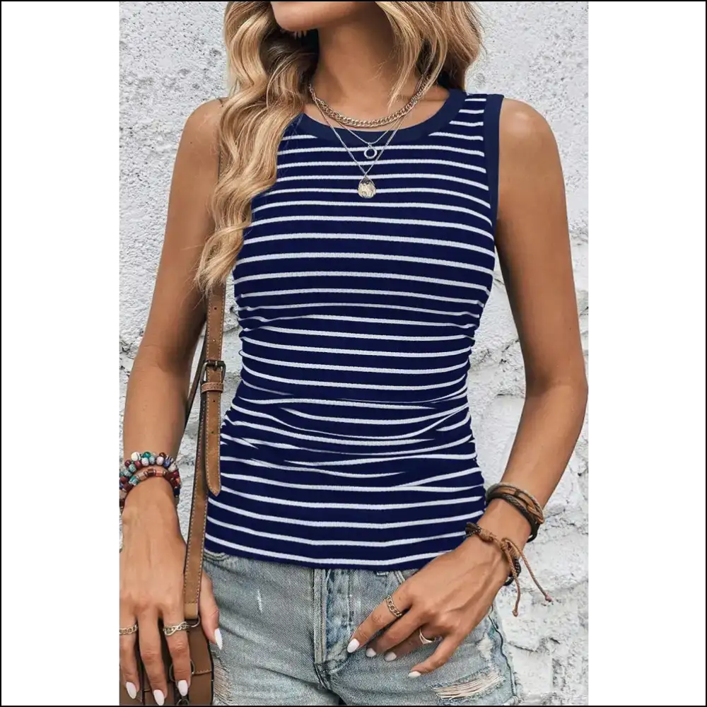 Playful Striped Round Neck Tank - Dark Blue / s - Tops on Sale Worldwide Shipping