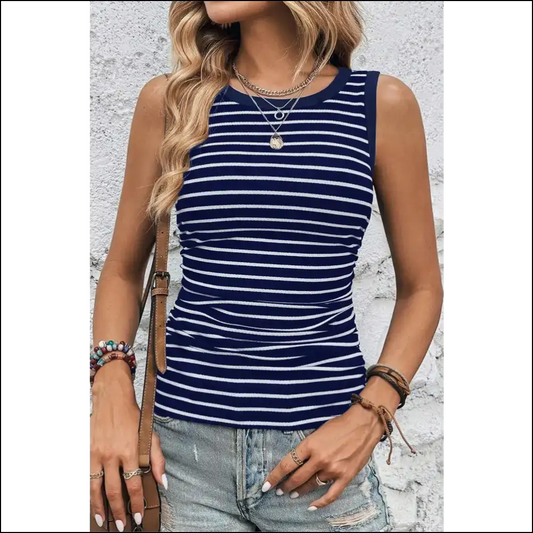 Playful Striped Round Neck Tank - Dark Blue / s - Tops on Sale Worldwide Shipping