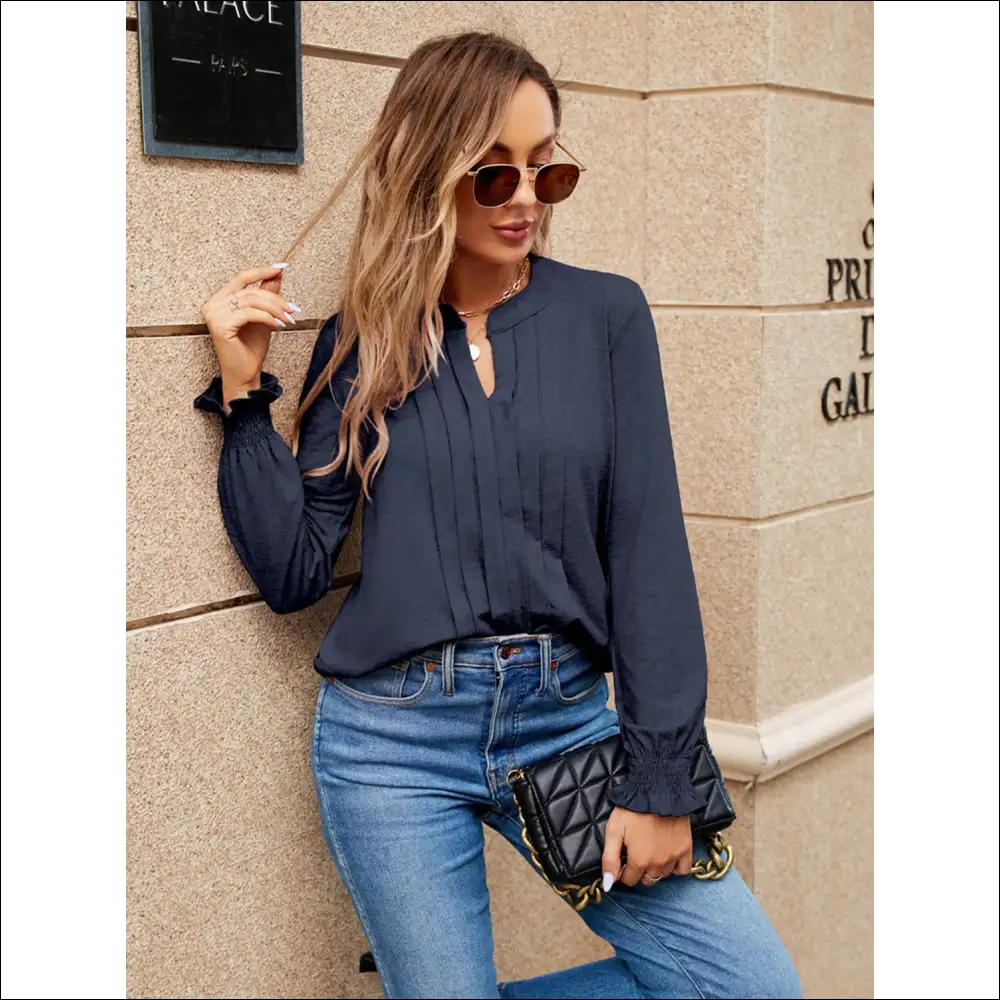 Pleated Notched Neck Flounce Sleeve Blouse - Blue / Xl - Blouses on Sale Worldwide Shipping