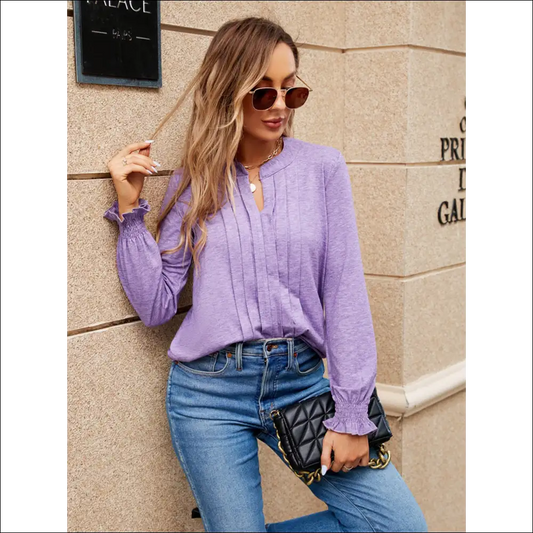 Pleated Notched Neck Flounce Sleeve Blouse - Purple / l - Blouses on Sale Worldwide Shipping