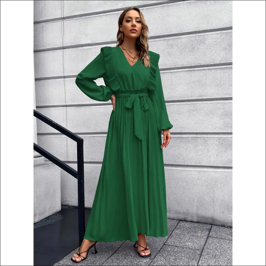 Pleated Surplice Tie Waist Maxi Dress - Dark Green / m - Dresses on Sale Worldwide Shipping