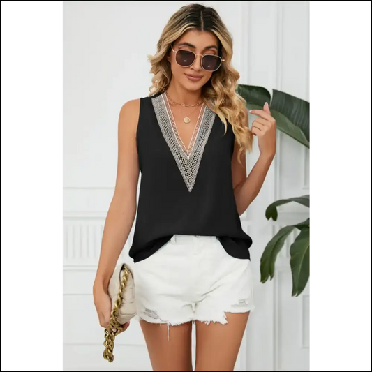 Plunge Into Style: Contrast Trim Sleeveless Blouse - Black / l - Tank Tops on Sale Worldwide Shipping