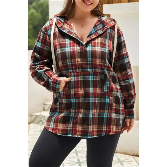 Chic Plus Size Drawstring Plaid Quarter Button Hoodie - Burgundy / 2xl - Sweatshirts & Hoodies on Sale Worldwide Shipping