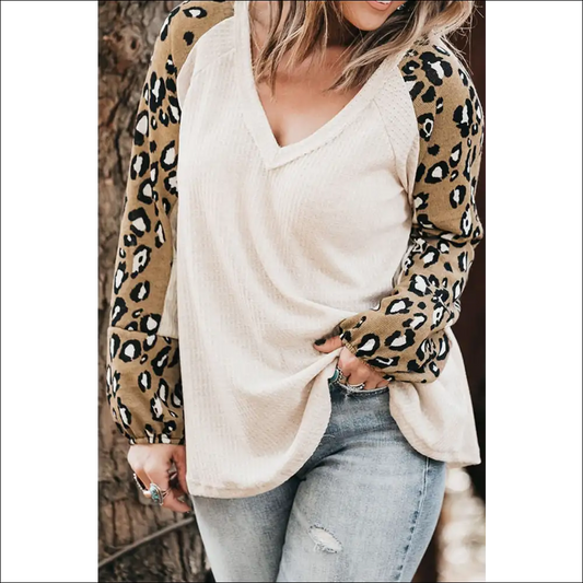 Plus Size Leopard V-neck Raglan Sleeve Blouse - Blouses on Sale Worldwide Shipping