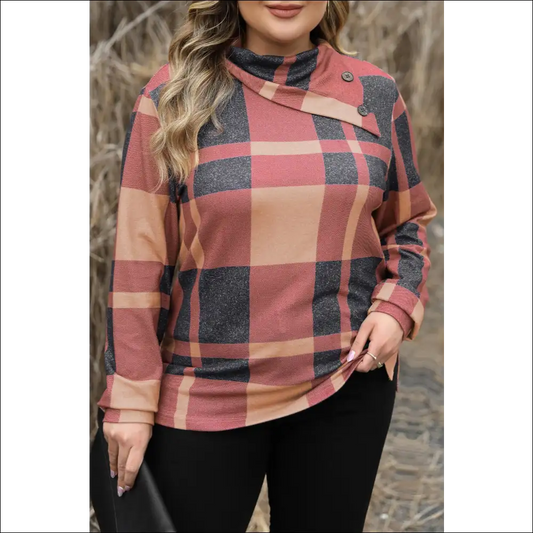 Chic Plus Size Plaid Cowl Neck Sweatshirt - Caramel / 1xl - Sweatshirts & Hoodies on Sale Worldwide Shipping