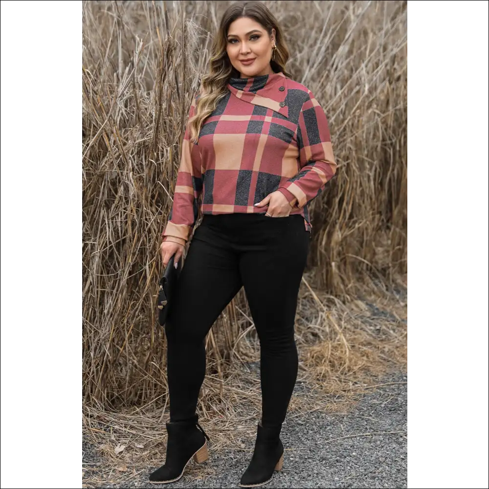 Chic Plus Size Plaid Cowl Neck Sweatshirt - Sweatshirts & Hoodies on Sale Worldwide Shipping