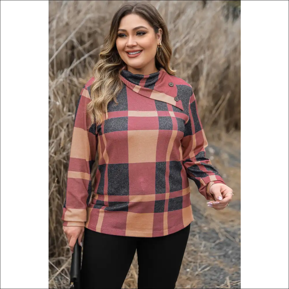 Chic Plus Size Plaid Cowl Neck Sweatshirt - Sweatshirts & Hoodies on Sale Worldwide Shipping