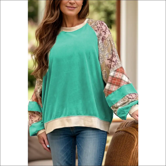 Plus Size Printed Raglan Sleeve Sweatshirt - Turquoise / 1xl - Sweatshirts & Hoodies on Sale Worldwide Shipping