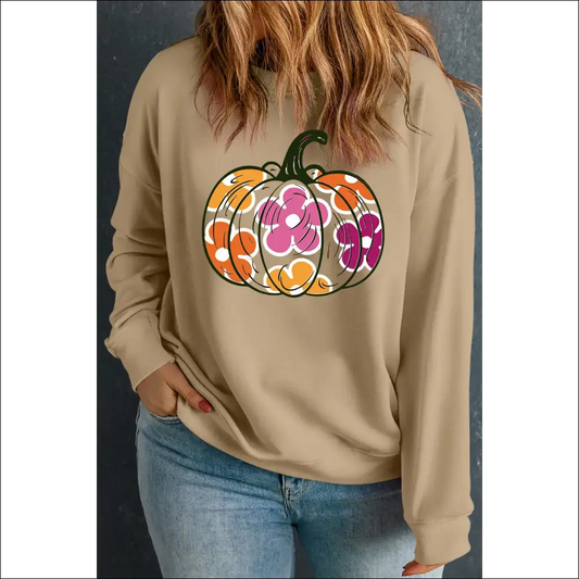 Chic Plus Size Pumpkin Graphic Sweatshirt - Khaki / 1xl - Sweatshirts & Hoodies on Sale Worldwide Shipping